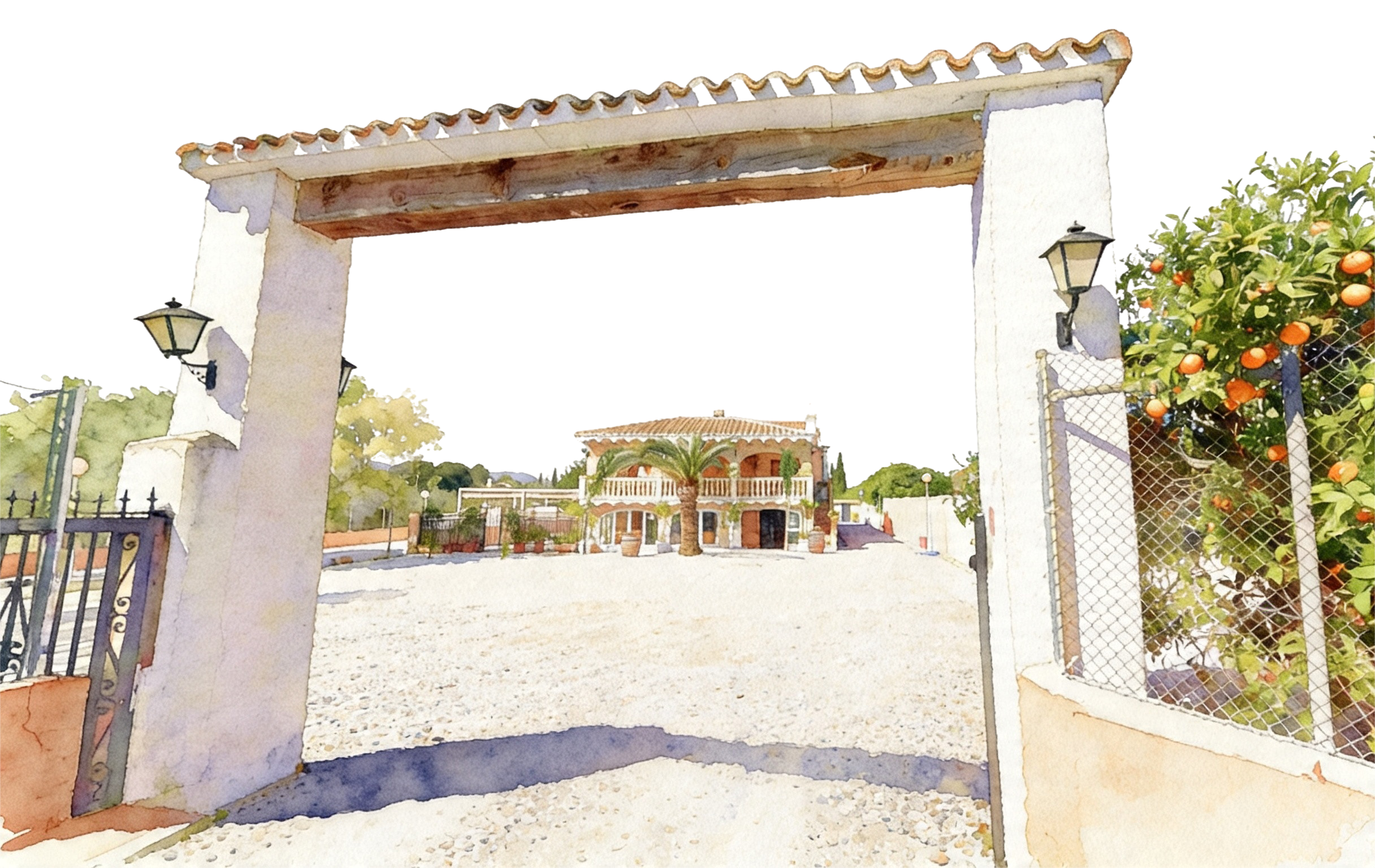 Acuarela de la entrada al Restaurante Casita Paco, con el naranjo y la casa al fondo